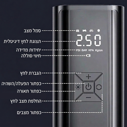 AirBoss Pro – משאבת הצמיגים האלחוטית: לחץ אוויר מדויק בלחיצת כפתור, בכל מקום