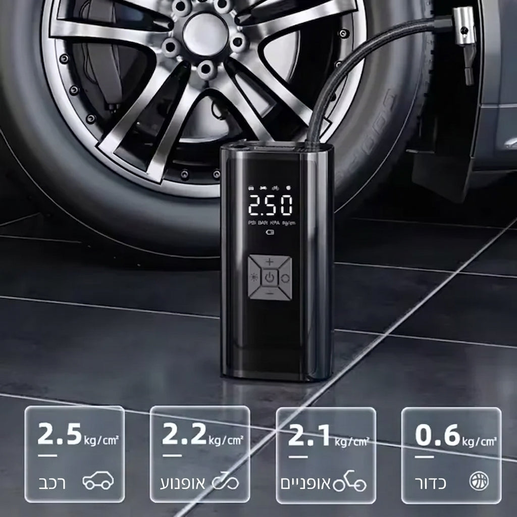 AirBoss Pro – משאבת הצמיגים האלחוטית: לחץ אוויר מדויק בלחיצת כפתור, בכל מקום